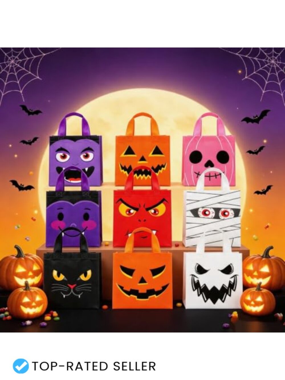 18 Pack Halloween Ghost Tote Bags with Handles, Non-Woven Reusable Candy Gift
